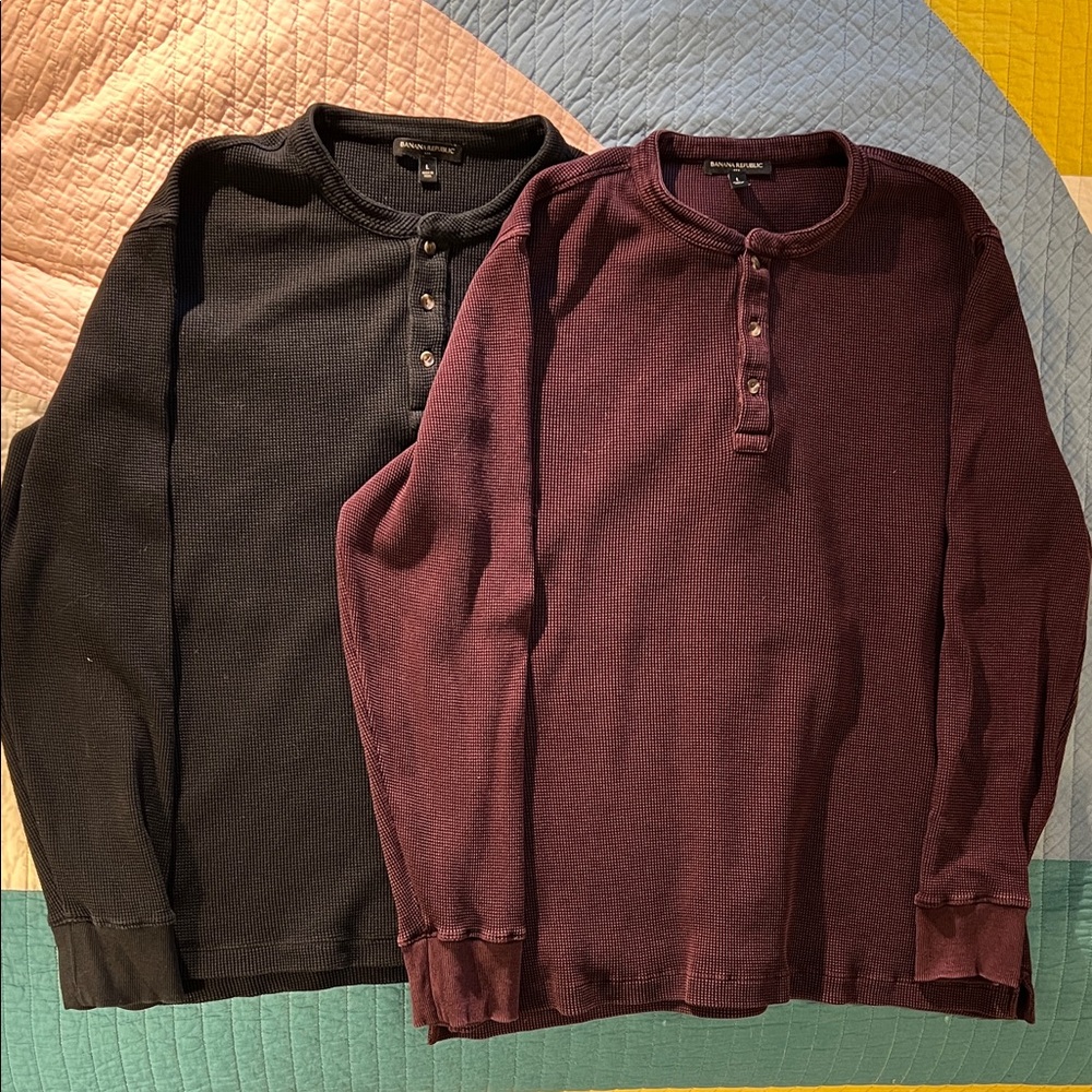 Banana Republic 2pk Men's Waffle Long-Sleeve Henleys - Black & Maroon - Large